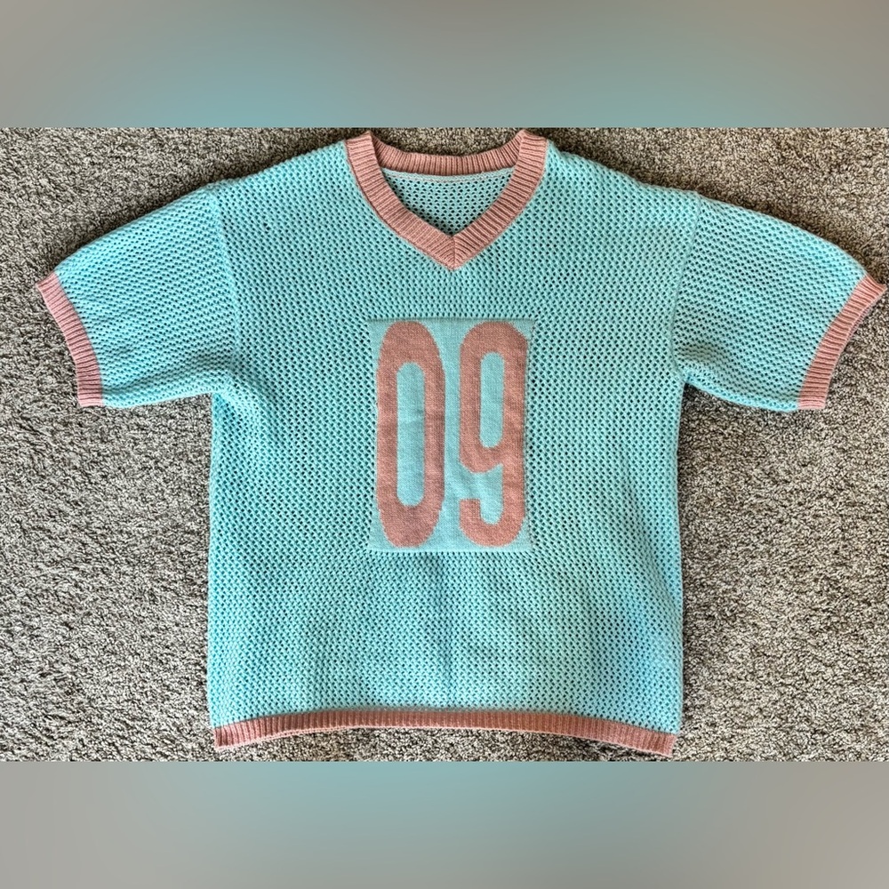 Blue and Pink V-Neck Knit Sweater